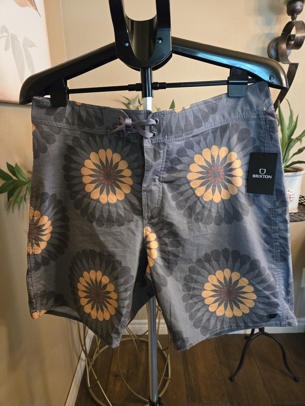 NWT Brixton Gray Swim Shorts with Yellow Floral Medallions